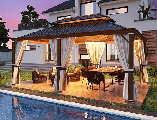 YOLENY 12' x 18' Hardtop Gazebo, Wood Grain Aluminum Frame Outdoor Gazebo with Galvanized Steel Roof, Permanent Metal Pavilion with Curtains and Nettings for Patio, Backyard, Deck and Lawns