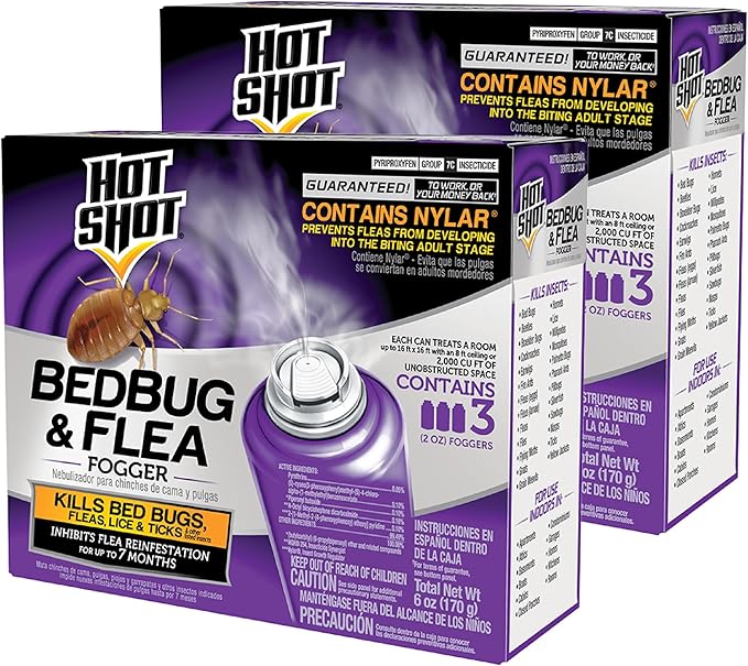 Hot Shot BedBug And Flea Fogger, Inhibits Flea Reinfestation, 2 Ounce Cans, 6 Count