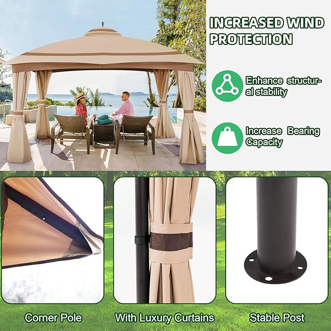 11x13 Gazebo for Patio, Gazebo with Curtains & Sandbags, Double Tier Roof Marquee Canopy for Garden, Deck, Backyard, Lawn (Khaki)-Netting not Included