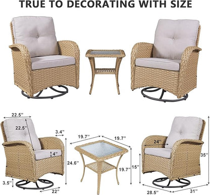 HUMMUH Swivel Patio Chair 3 Piece PE Wicker Patio Furniture Set with Rocking Chairs and Side Table Outdoor Bistro Set for Porch,Garden,Deck,Poolside