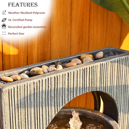 Water Fountain Zen Feature Outdoor Indoor - Waterfall Garden Freestanding Fountains ρ-Shaped Hollow Artistry Design with LED Lights for Home Decor Patio Yard Pool, 41 inches