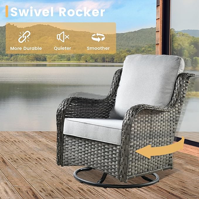 HOOOWOOO Patio Furniture Set,6 Piece Outdoor Furniture Set with Swivel Chairs,Wicker Patio Conversation Couch Chairs Ottoman Set,Light Gray