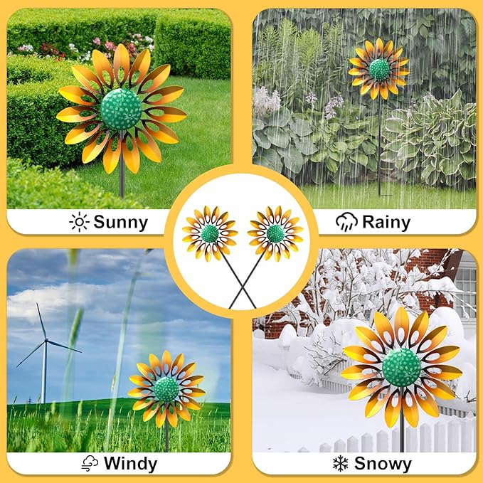 2pcs Sunflower Wind Spinner Outdoor, Freestanding Kinetic Wind Sculpture with Stake, Metal Windmill for Outside Garden Lawn Yard Art Decorations Yellow