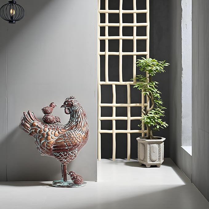 Metal Hen with Chicks Statues Yard Art, 13.5"x18" Metal Hen Chicken Figurine Decor, Vintage Outdoor Garden Statue Sculpture, Lifelike Garden Mother Hen & Baby Chick Sculptures for Chicken Lovers