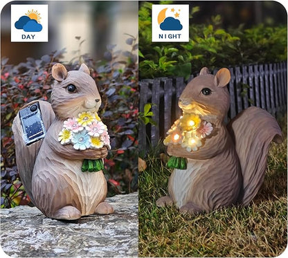 Solar Garden Squirrel Statue, Outdoor Resin Decor with Floral Accents, Resin Decorations Squirrel Figurine for Patio Lawn Porch Yard Ornaments for Mom Grandma Wife