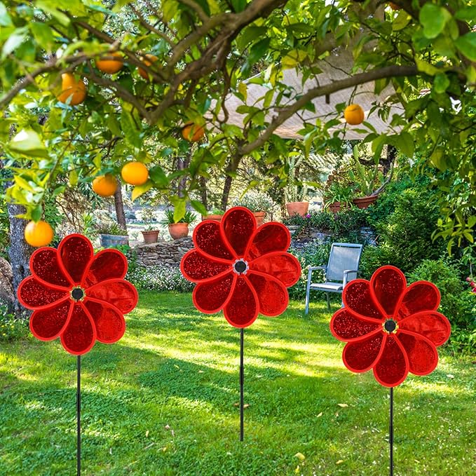 4PCS Flower Wind Spinner Sparkly Lawn Pinwheel 11.8 inch Red Garden Windmill for Garden, Party, Christmas Outdoor, Yard Decor