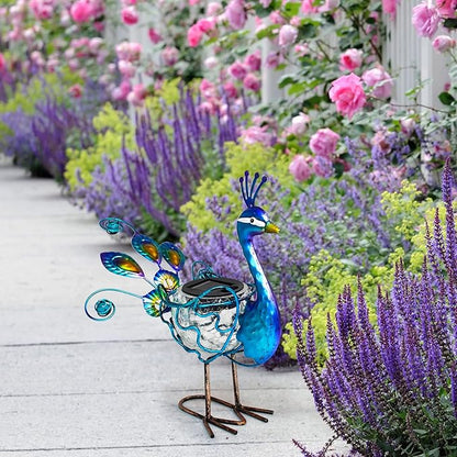 HONGLAND Solar Peacock Statue Light, Solar Animal LED Lights Outdoor, Solar Power Figurine Waterproof Metal Peacock Yard Art for Pathway Patio Backyard Decoration Lawn Ornaments, Peacock Blue