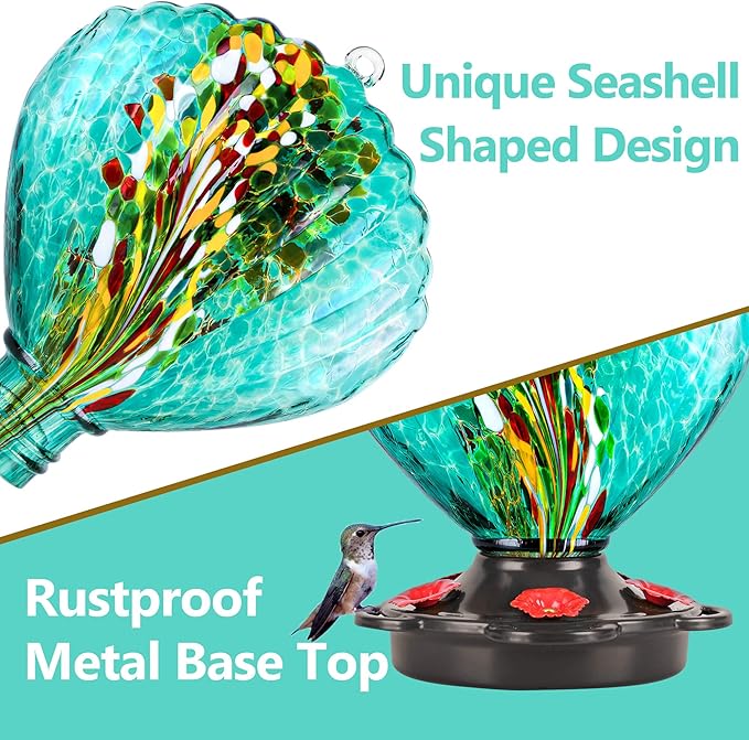 LUJII Seashell Shaped Hand Blown Glass Hummingbird Feeder for Outdoors Hanging, Rust Proof & Leak Proof, 25 fl.oz, Unique Gardening Gift for Women, Garden & Backyard Decor, Teal