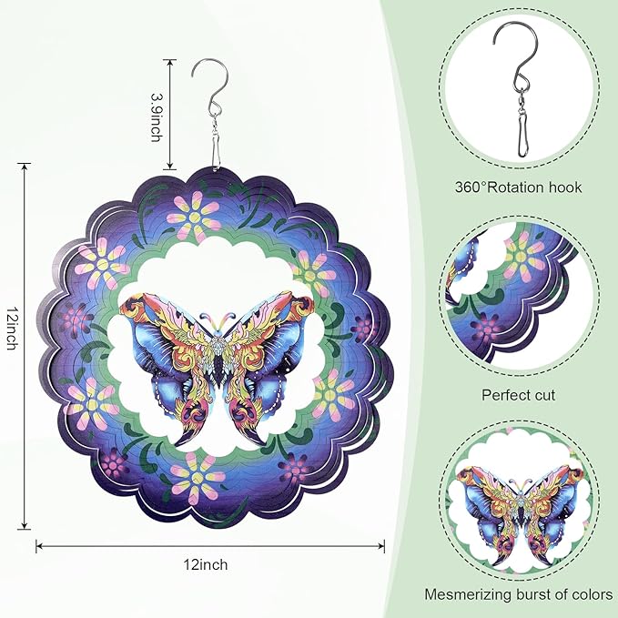 Butterfly Hanging Wind Spinners Outdoor,Metal Wind Spinners Outdoor Decor, 12 Inch 3D Aluminum Wind Powered Kinetic Sculpture, Butterfly Kinetic Sculpture for Yard Art, Garden Decoration
