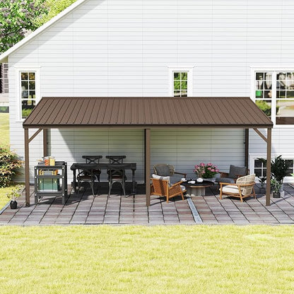 Domi 12’x20’ Wall-Mounted Hardtop Gazebo Pergola – Permanent Lean-to Outdoor Shelter with Sloped Galvanized Steel Roof & Upgraded Drainage – Gray Metal Patio Cover for Backyard, Deck, Garden, Brown