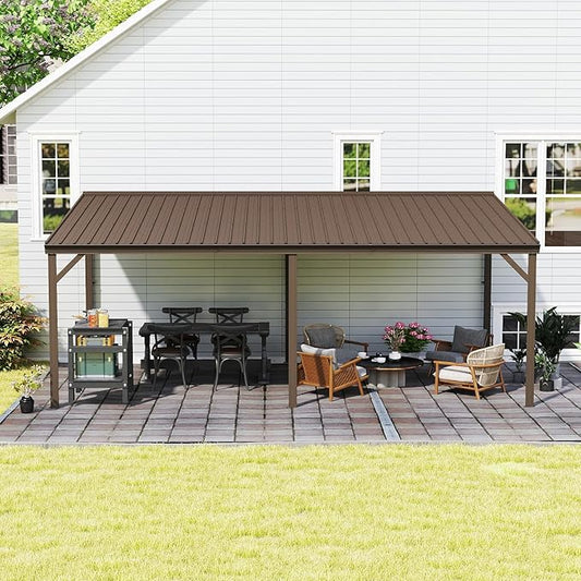 Domi 12’x20’ Wall-Mounted Hardtop Gazebo Pergola – Permanent Lean-to Outdoor Shelter with Sloped Galvanized Steel Roof & Upgraded Drainage – Gray Metal Patio Cover for Backyard, Deck, Garden, Brown