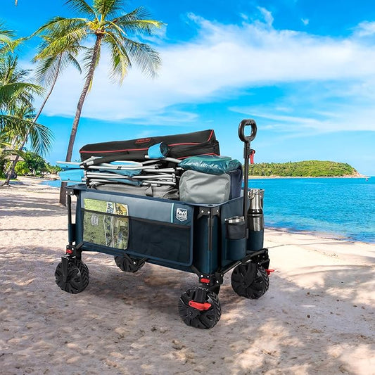Timber Ridge Outdoor Collapsible Wagon with Brakes Utility Folding Cart Heavy Duty All Terrain Wheels for Shopping Camping Garden with Side Bag and Cup Holders, Blue