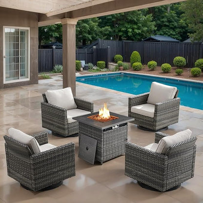 Outdoor Swivel Rocker Chairs Set of 4 with Fire Pit Table - 5 Peice Wicker Patio Furniture Set Conversation Set with 50,000 BTU Fire Pit for Deck Backyard - Grey Wicker Beige Cushion