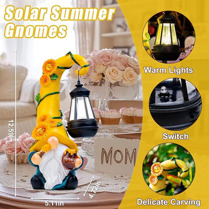 Birthday Gifts for Mom Grandma Woman 12" Solar Sunflower Gnome Garden Statues Honey Bee Jar Decor with LED Lantern Outdoor Gnomes Decorations Patio Yard Balcony Art