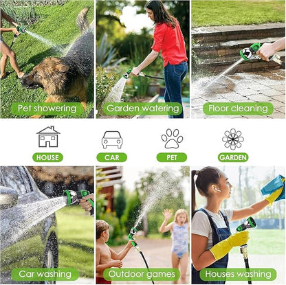 Non-Expandable Garden Hose 100 ft, Ultra Lightweight & Flexible Water Hose With 10-Pattern Spray Nozzle, Full Length Leak-Proof Design, High-Density Fabric & Shut-Off Valve, Hose Straps