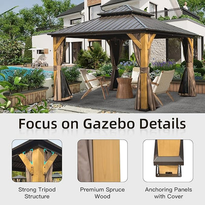 Domi Hardtop Gazebo 12’x12’ Cedar Frame Wood Gazebo with Galvanized Steel Double Roof, Outdoor Permanent Metal Gazebo with Curtains and Netting for Patio,Deck,Backyard
