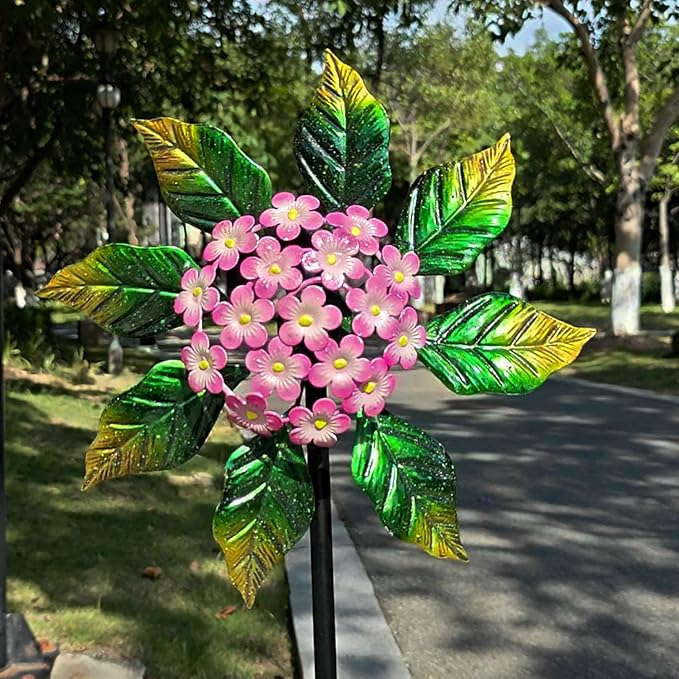 Solar Glow Garden Wind Spinner Outdoor, 13" W Flower Metal Wind Spinner & Sculptures with Fluorescent Coating, Kinetic Windmill for Yard Lawn Patio Decor, Pink