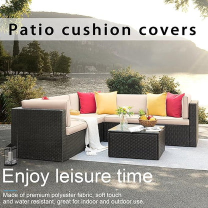14 PCs Patio Cushion Covers for 7 PCs Outdoor Furniture Sectional Seating Sets Water Resistant Plus 2 Throw Pillows (Khaki, 23.6(L)*23.6(W)*4.33(T) inches)