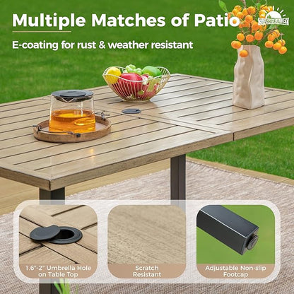 Patio Dining Set for 6, Rectangular Wood-Like Metal Table with Umbrella Hole and 6 Dining Chairs, Outdoor Table and Chairs for Lawn Garden Backyard and Deck, Red