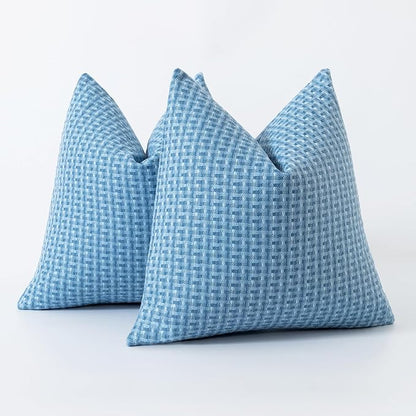 Kevin Textile Outdoor Waterproof Throw Pillow Covers Pack of 2 Weaving Texture Water Resistant Outside Decorative Cushion Covers for Garden Patio Tent Balcony Bench Couch Sofa 18x18 Inch, Light Blue