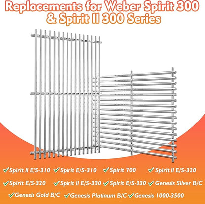 17.5" Grill Grates for Weber Spirit 300, Spirit 700, Genesis Silver/Gold/Platinum B/C, Genesis 1000-3500 (Part #7638) 304 Stainless Steel 2-Pack