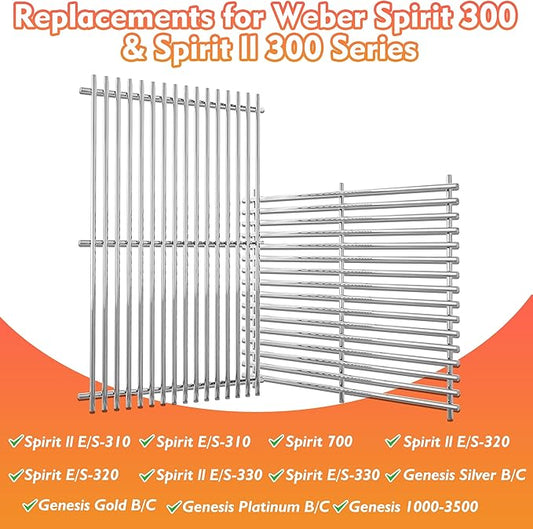 17.5" Grill Grates for Weber Spirit 300, Spirit 700, Genesis Silver/Gold/Platinum B/C, Genesis 1000-3500 (Part #7638) 304 Stainless Steel 2-Pack