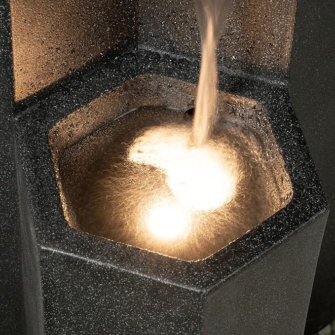 27.95" H Outdoor Water Fountain Made with Eco-Friendly Recyclable Materials, Polyethylene Cascading Waterfall Fountain, Garden Waterfall Decor with LED Light & Pump for Patio, Backyard