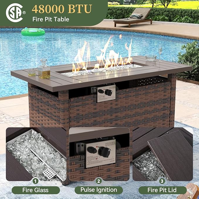 Aoxun 15 Piece Patio Furniture Set with 44” Fire Pit Table Wicker Rattan Outdoor Sectional Sofa Set with Coffee Table and Thickened Cushions, Beige (Waterproof Cover Included)