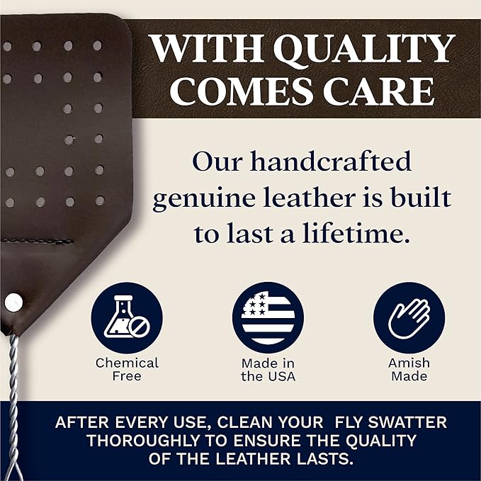 Leather Fly Swatter Set (3 Pack) – 17” Amish-Made Fly Swat w/Real Leather Paddle – Fly Swatters Multi Pack w/Metal Handle – Bug Swatter, Mosquito Swatter, Wasp Swatter (Chocolate)