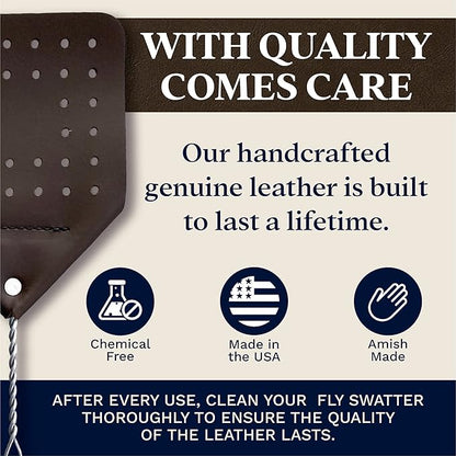 Leather Fly Swatter Set (2 Pack) – 17” Amish-Made Fly Swat w/Real Leather Paddle – Fly Swatters Multi Pack w/Metal Handle – Bug Swatter, Mosquito Swatter, Wasp Swatter (Chocolate)