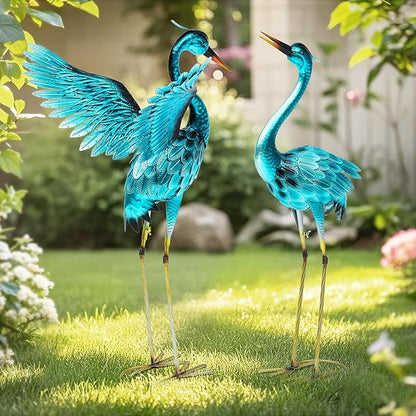36.75in Metal Heron Garden Statue Handmade Oversize Crane Sculptures with Stable Ground Stakes, Backyard Decoration, Metal Garden Art