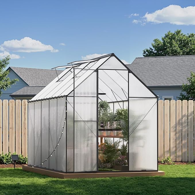 6X10 FT Greenhouse for Outdoors, Heavy Duty Polycarbonate Greenhouses, Large Walk-in Greenhouse with Roof Vent, Aluminum Hot House for Garden & Backyard