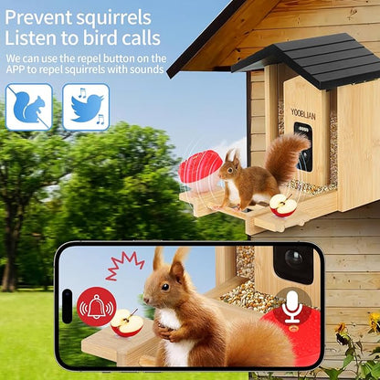 Smart Bird Feeder with Camera Solar Powered, 2.5K HD AI Identify 10000+ Species, Color Night Vision, 1.5L Bamboo Wood Feeder House Outside, Auto Capture & Notify, Ideal Gift for Bird Lovers