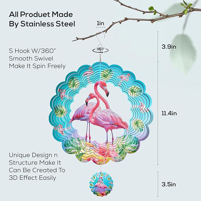 Metal Wind Spinner Outdoor Garden Decoration Laser Cutting Hanging Mandala Kinetic Wind Spinners 12 Inches Stainless Steel Outdoor Decorations for Patio (Flamingo)