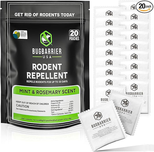 BugBarrier's Extra-Strength Mouse Repellent Deterrent Pouches, USDA 99% Biobased, Peppermint & Rosemary Oils Repel Mice Nesting in Car, RV, Boat, Garage, Shed, Cabin Made in The USA (Pack of 20)