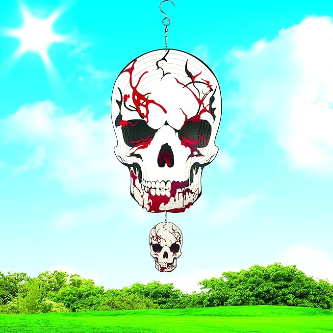 Skull Wind Spinner Halloween Decor 12inch Stainless Steel Garden Wind Spinner Outdoor 3D Kinetic Hanging Wind Sculptures Metal Yard Art Unique Gift Home Decorations