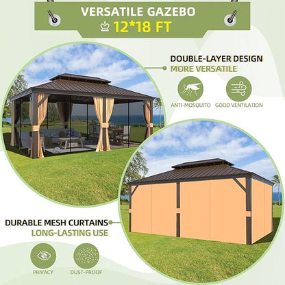 MELLCOM 12'x18' Hardtop Gazebo,Galvanized Steel Metal Double Roof Gazebos with Curtain and Netting, Brown Permanent Pavilion Canopy with Aluminum Frame for Patios,Gardens,Lawns