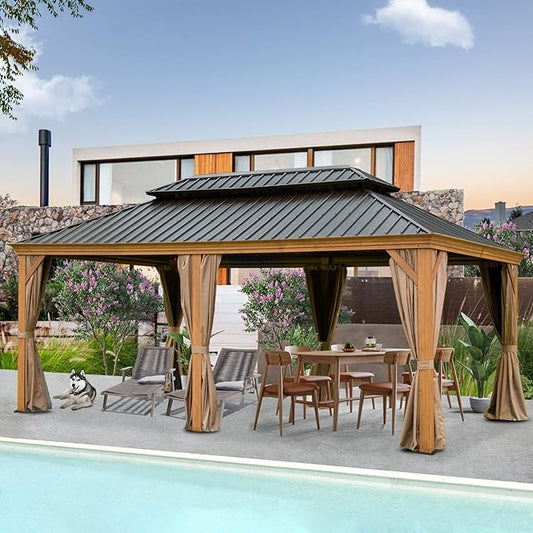Domi Outdoor Living 12’x18’ Hardtop Gazebo, Wooden Coated Aluminum Frame Canopy with Galvanized Steel Double Roof, Outdoor Permanent Metal Pavilion with Curtains and Netting for Patio, Deck and Lawn