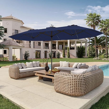 15FT Double Sided Patio Umbrella with Base Included Large Outdoor Market Umbrella with Crank Handle, UV Resistant Canopy, Sturdy Frame for Garden, Poolside, Deck, Navy Blue