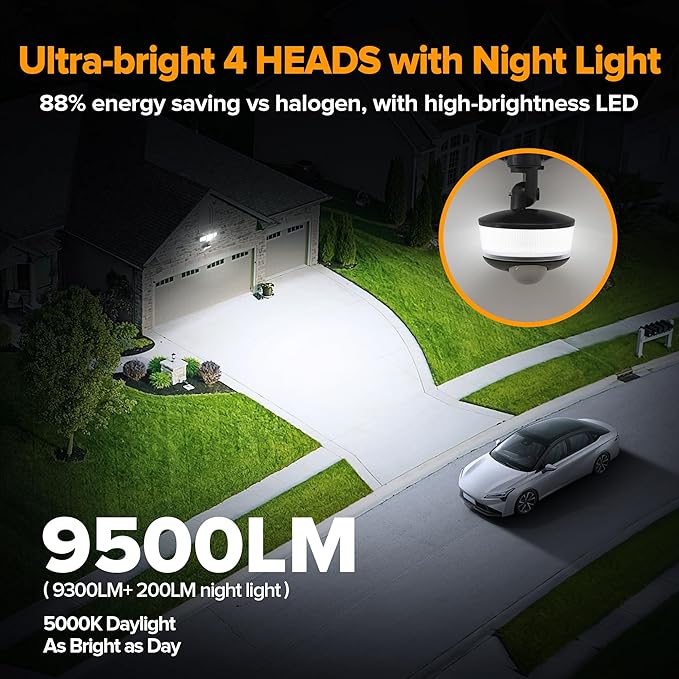 LUTEC 84W 9500LM LED Security Light Hardwire Motion Sensor Outdoor Lights with Night Light, 4 Head LED Flood Lights 5000K Daylight, IP65 Waterproof, Motion Detected Lights for Outside (Black)