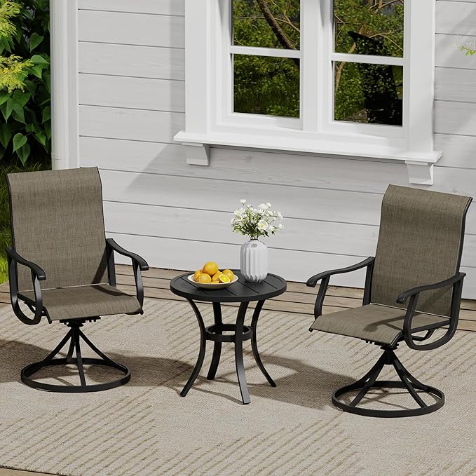 VICLLAX 3 Pieces Small Outdoor Furniture, 2 Patio Swivel Chairs and Small Round Outdoor Table for 2, Mixed Brown Chairs & Black