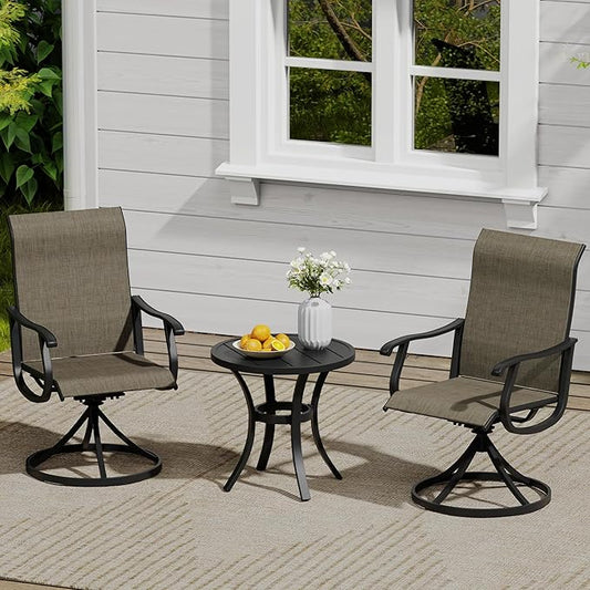 VICLLAX 3 Pieces Small Outdoor Furniture, 2 Patio Swivel Chairs and Small Round Outdoor Table for 2, Mixed Brown Chairs & Black