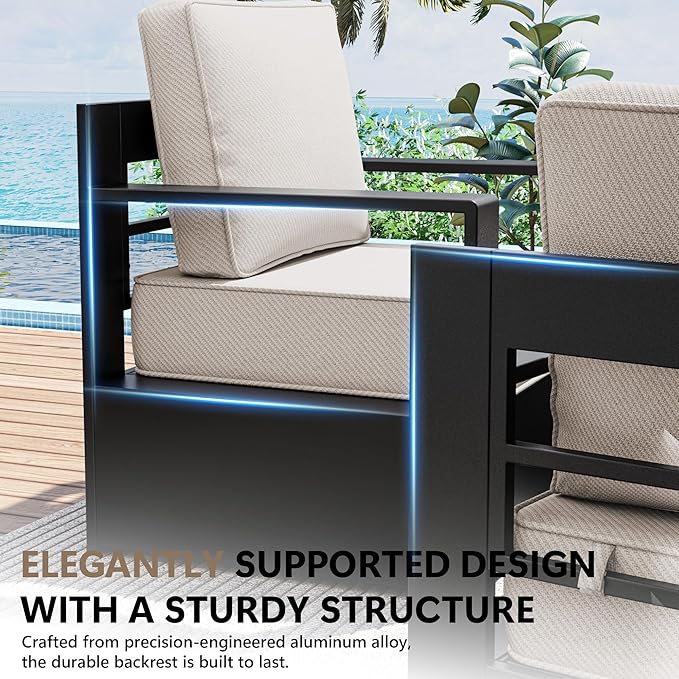 Outdoor Patio Furniture Set, 5-Piece Aluminum Patio Conversation Set All-Weather Metal Outdoor Sectional with 6 Inch Thick Cushions, Deep Setting for Garden, Outside and Porch