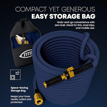 TITAN Flexible Garden Hose 50FT – Ultra Lightweight, Heavy Duty Water Hose with Brass Fittings & Jet Nozzle – Kink-Free, Non-Expanding, Durable Fabric Hose for Yard, Lawn, Car Wash, Outdoor Use