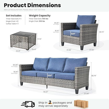 ovios 4 Pieces Patio Furniture Set Outdoor Sofa Couch with Solar Lights Table Comfy Cushions, Modern Deep Seat Wicker Rattan Conversation Set for Porch Deck, Denim Blue