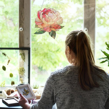 FLAGWIX Christmas Peony Flowers Gifts for Grandma - Stained Glass Window Hanging 8 in - Birthday Gifts for Women Mom, Grandma Gift, Peony Sun Catchers Indoor Window, Suncatchers Christmas Decorations