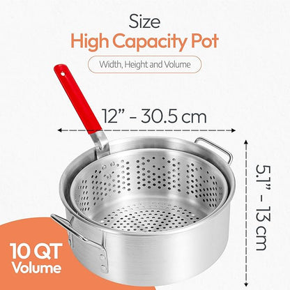 Aluminum Fish Fryer Pot with Basket | 10QT Deep Frying Pot with Handle | Outdoor Oil Fryer pan with Fry Basket | Cooking Pot | Fried Chicken, Fish, Seafood, Turkey Legs, French Fries