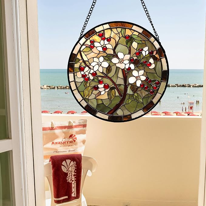 CRIS GIF Stained Glass Window Hanging - Hawthorn Tree Birth Flowers Suncatcher for Doors Garden Patio Sun Catchers Decor Christmas Mother's Day Birthday Gifts for Women Men Mom Nana Friend 6.3 in