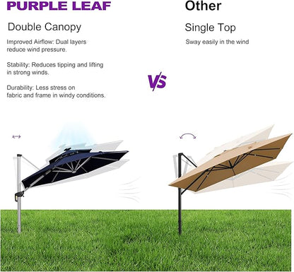 PURPLE LEAF 12ft Solar powered LED Patio Umbrella Outdoor Round Umbrella Large Cantilever Umbrellas with LED lights Windproof Offset Umbrellas Sun Umbrella for Garden Deck Pool Patio, Navy Blue