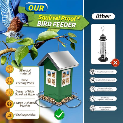 Upgrade All Metal Chew Proof Design Squirrel Proof Bird Feeder Large, 4 Drainage Holes for Easy Cleaning, Outdoor Hanging Window Feeder for Wild Birds